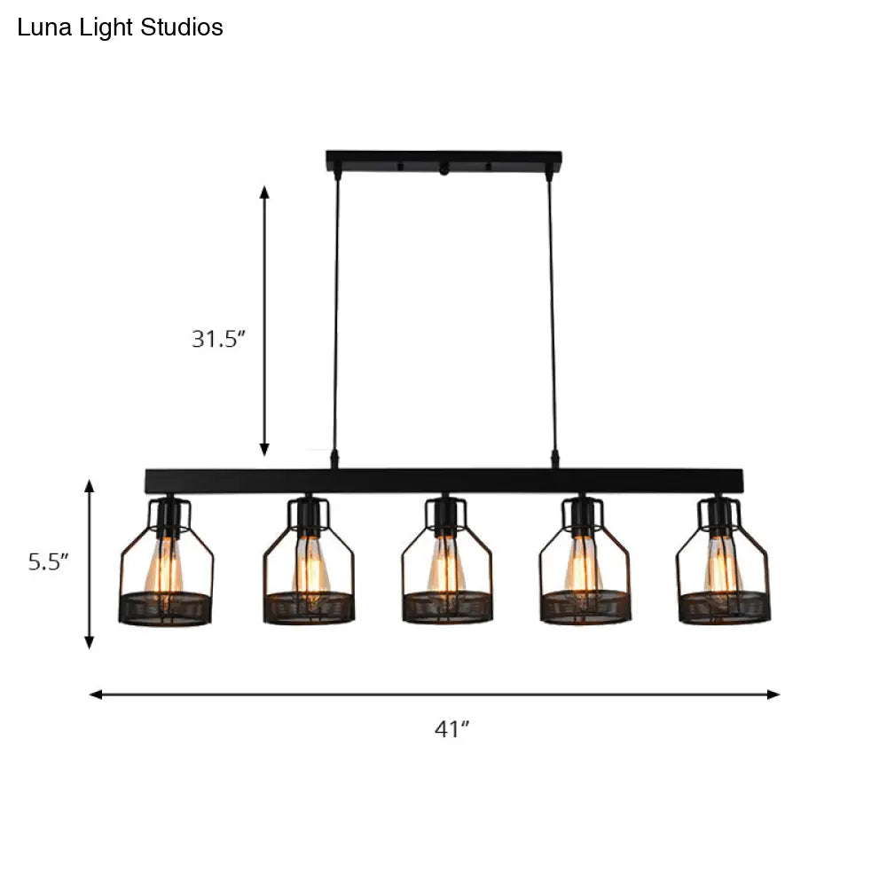 Vintage Industrial Island Light - Wire Guard Metal With 5 Lights Black