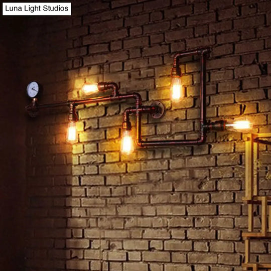 Vintage Industrial Maze Pipe Restaurant Sconce - 5-Bulb Copper Wall Mount Lighting With Gauge Deco