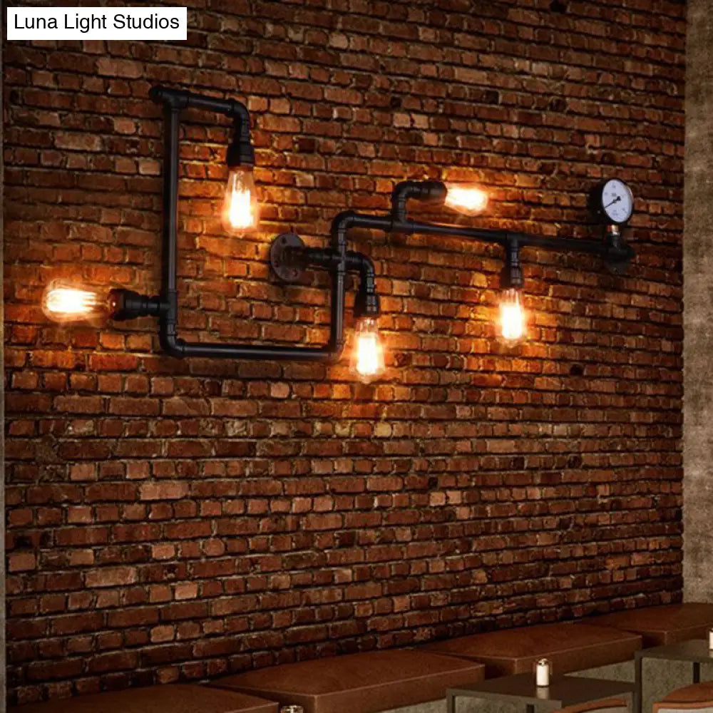 Vintage Industrial Maze Pipe Restaurant Sconce - 5-Bulb Copper Wall Mount Lighting With Gauge Deco