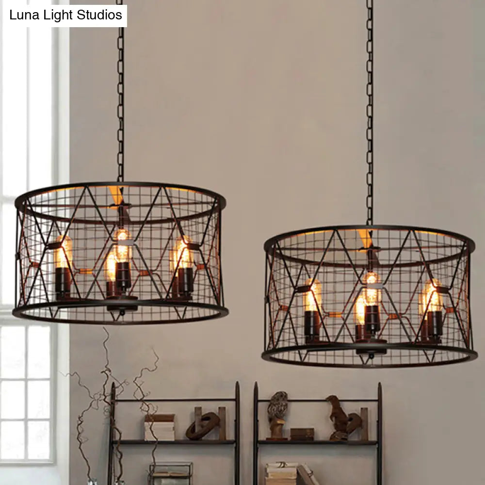 Vintage Industrial Metal 6-Light Pendant Chandelier With Trellis Drum Design