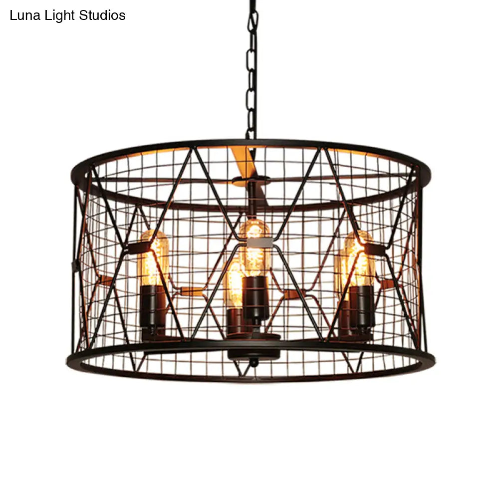 Vintage Industrial Metal 6-Light Pendant Chandelier With Trellis Drum Design