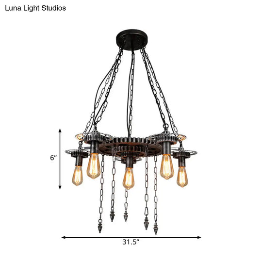 Aged Silver Gear Design Hanging Lamp - Vintage Industrial Metal 6 Heads Ideal For Restaurants