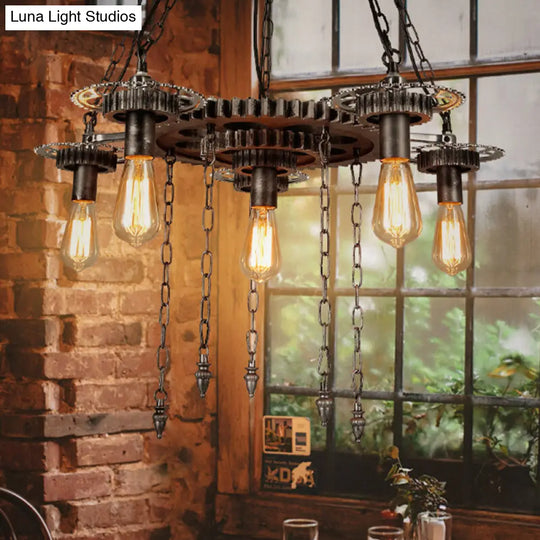 Aged Silver Gear Design Hanging Lamp - Vintage Industrial Metal 6 Heads Ideal For Restaurants