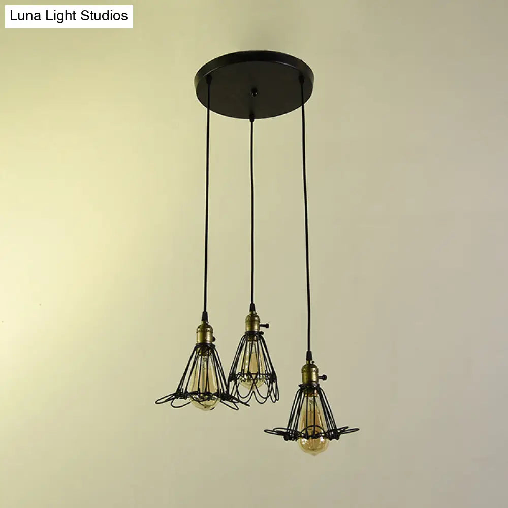 Vintage Industrial Metal Pendant Light - Farmhouse Hanging Lamp With Petal Design (Black 3 Bulbs)