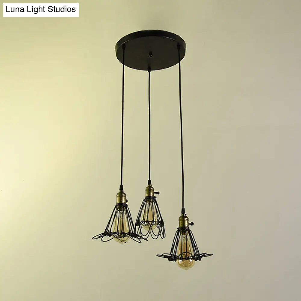 Vintage Industrial Metal Pendant Light With Petal Design - Farmhouse Hanging Lamp 3 Bulbs Black