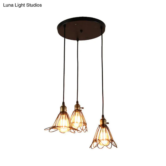 Vintage Industrial Metal Pendant Light With Petal Design - Farmhouse Hanging Lamp 3 Bulbs Black