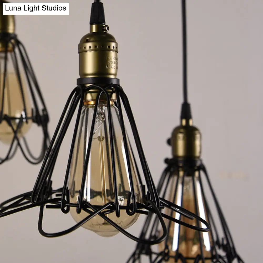 Vintage Industrial Metal Pendant Light - Farmhouse Hanging Lamp With Petal Design (Black 3 Bulbs)