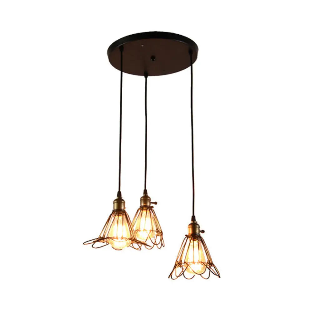 Vintage Industrial Metal Pendant Light - Farmhouse Hanging Lamp With Petal Design (Black 3 Bulbs)