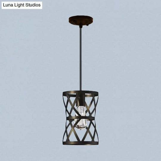 Vintage Industrial Metal Pendant Light With Stylish Black Cage Shade - Dining Room Hanging Lamp