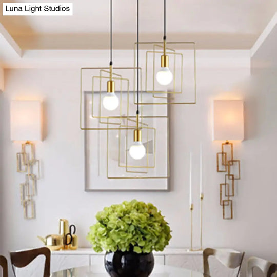 Vintage Industrial Metal Pendant Lighting With 3 Lights For Dining Room Gold Frame Square Design