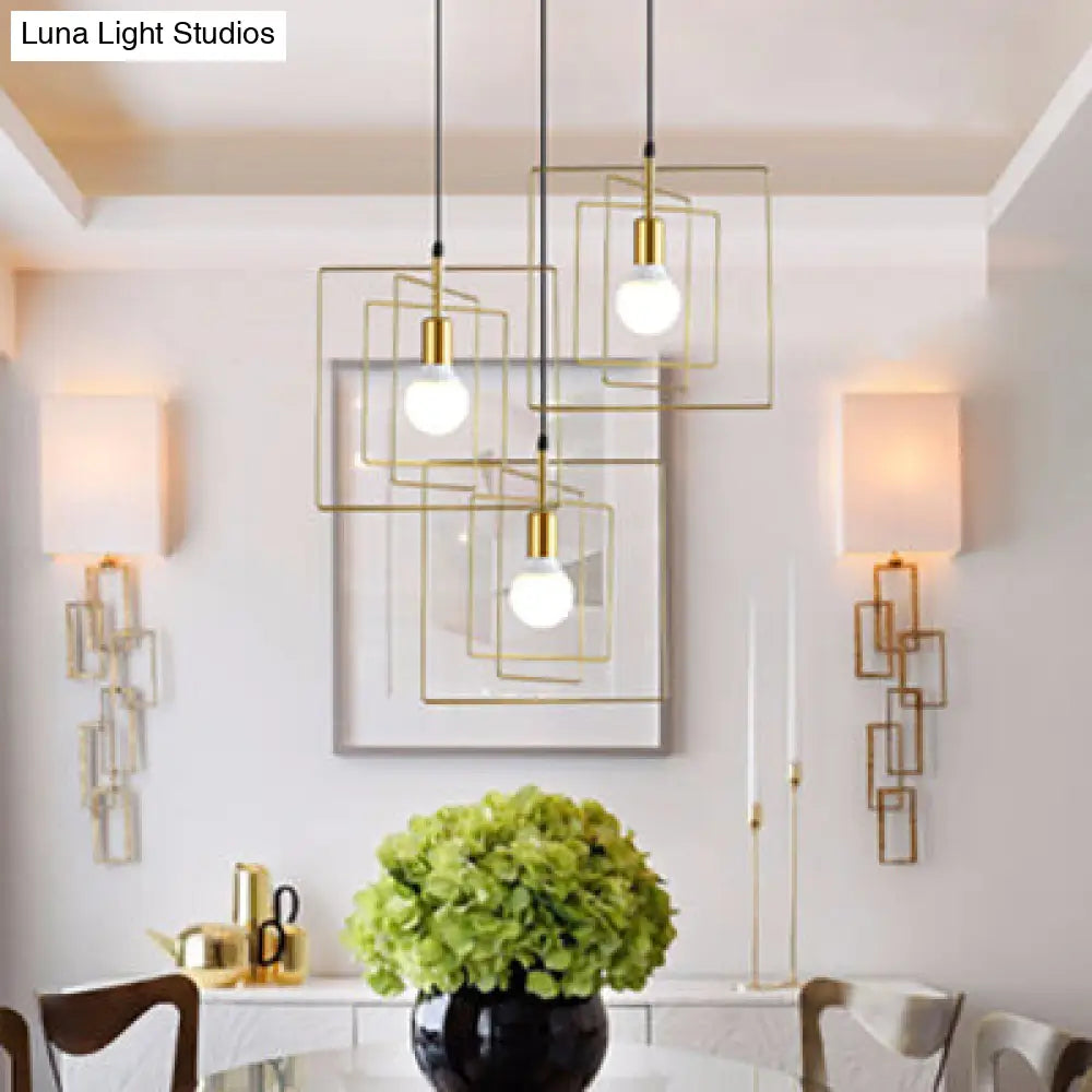 Vintage Industrial Pendant Light - Square Metal Frame With 3 Gold Lights For Dining Room Ceiling