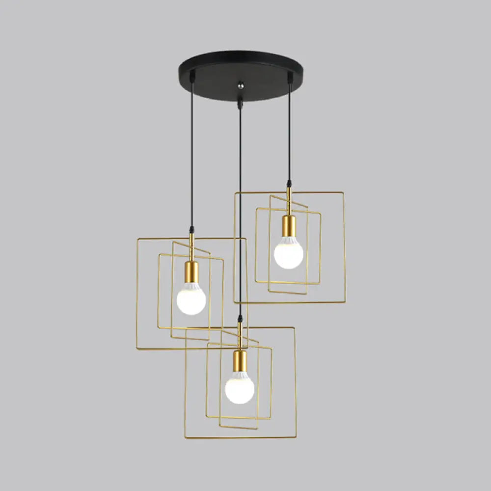 Vintage Industrial Metal Pendant Lighting With 3 Lights For Dining Room Gold Frame Square Design /