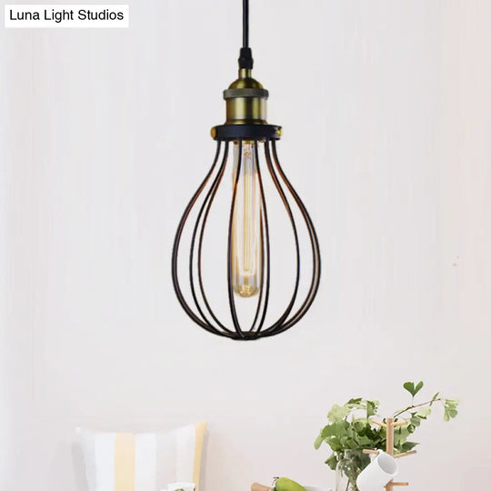 Vintage Industrial Pendant Ceiling Light In Metallic Black/Brass Finish With Wire Cage And Bulb