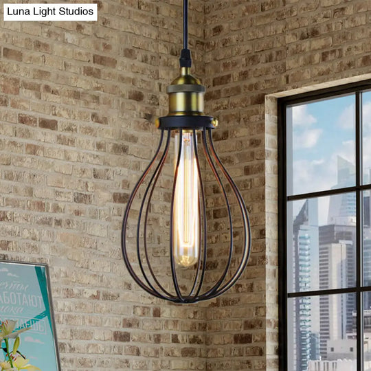 Vintage Industrial Pendant Ceiling Light In Metallic Black/Brass Finish With Wire Cage And Bulb