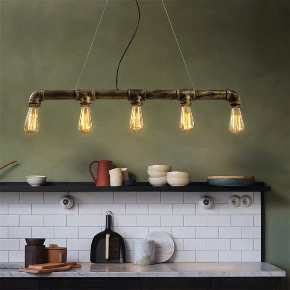 Vintage Industrial Pendant Lamp With Exposed Bulb - Antique Brass 5 Lights Wrought Iron Piping