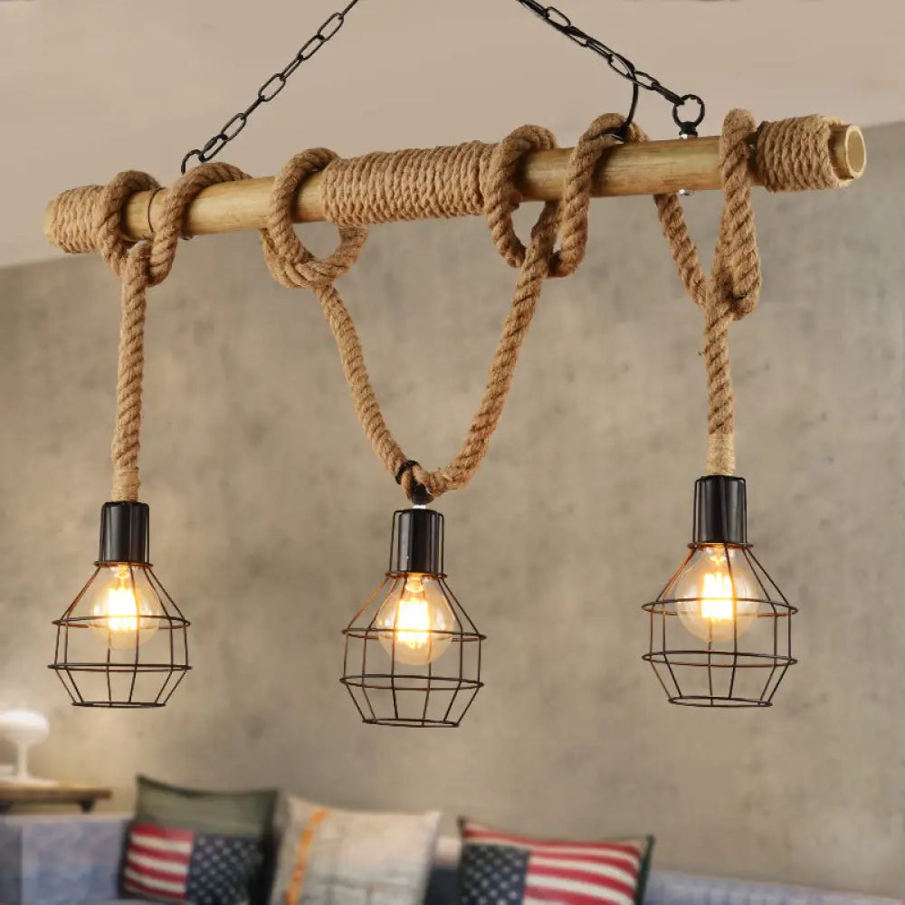 Vintage Industrial Pendant Light With Adjustable Natural Rope - Metal Cage Island 3 Lights Black