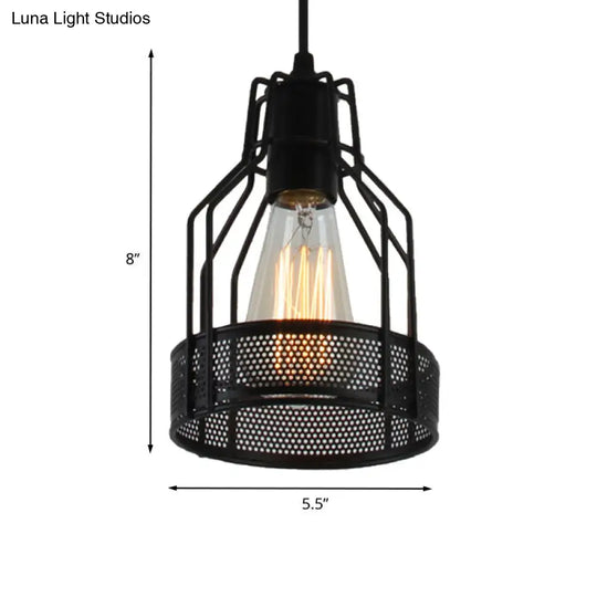 Industrial Metal Restaurant Pendant Light With Mesh Screen - Antique Black Hanging Fixture 1 Bulb