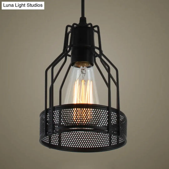 Industrial Metal Restaurant Pendant Light With Mesh Screen - Antique Black Hanging Fixture 1 Bulb