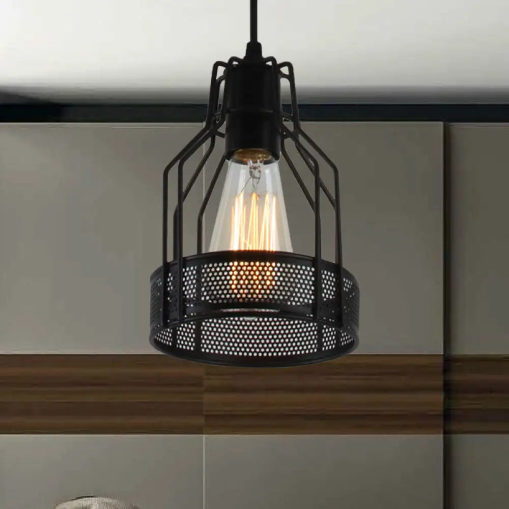 Vintage Industrial Pendant Lighting: Caged Restaurant Metal Fixture With Mesh Screen In Black