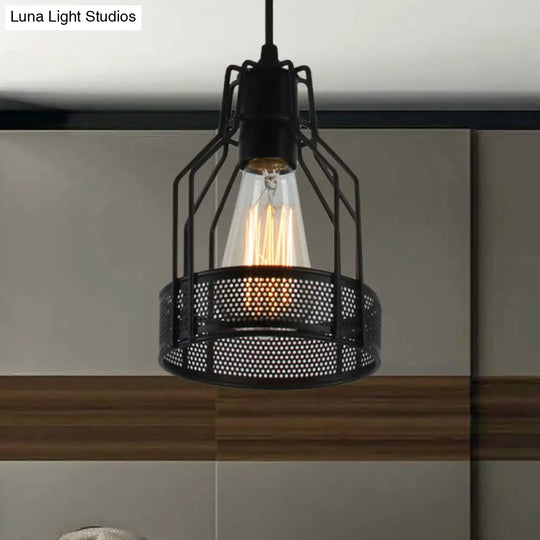 Industrial Metal Restaurant Pendant Light With Mesh Screen - Antique Black Hanging Fixture 1 Bulb