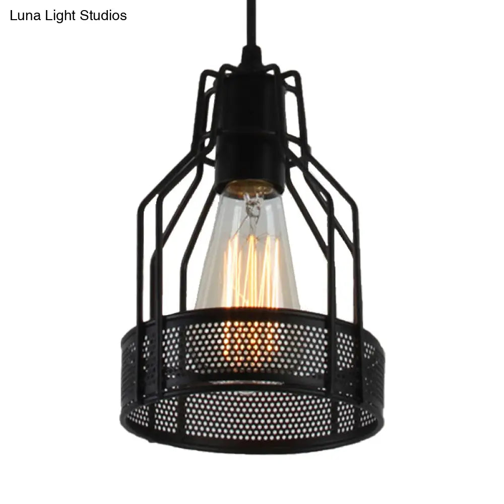 Vintage Industrial Pendant Lighting: Caged Restaurant Metal Fixture With Mesh Screen In Black