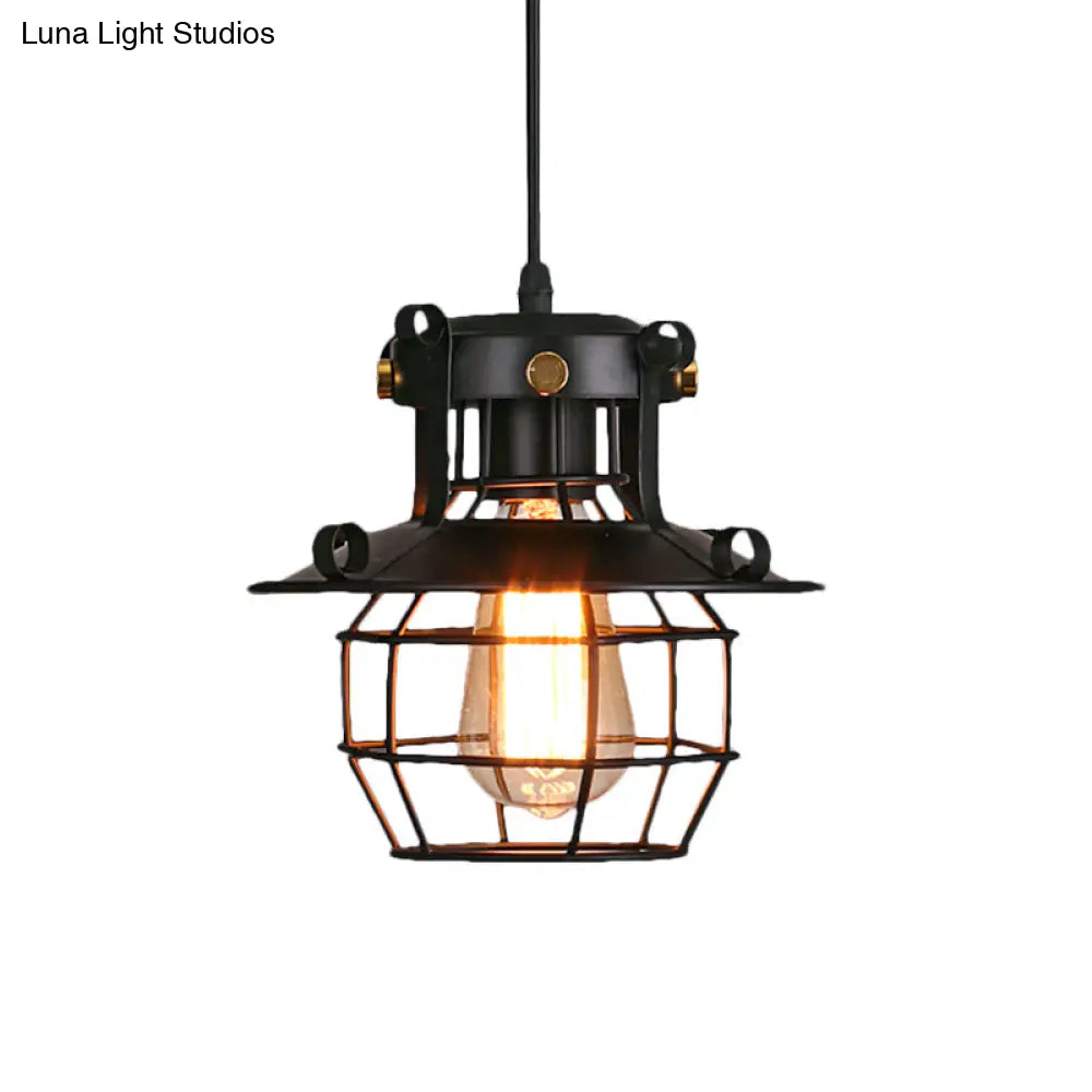 Vintage Industrial Satin Black Iron Pendant Lamp With Dome Cage Shade – Restaurant Ceiling Fixture