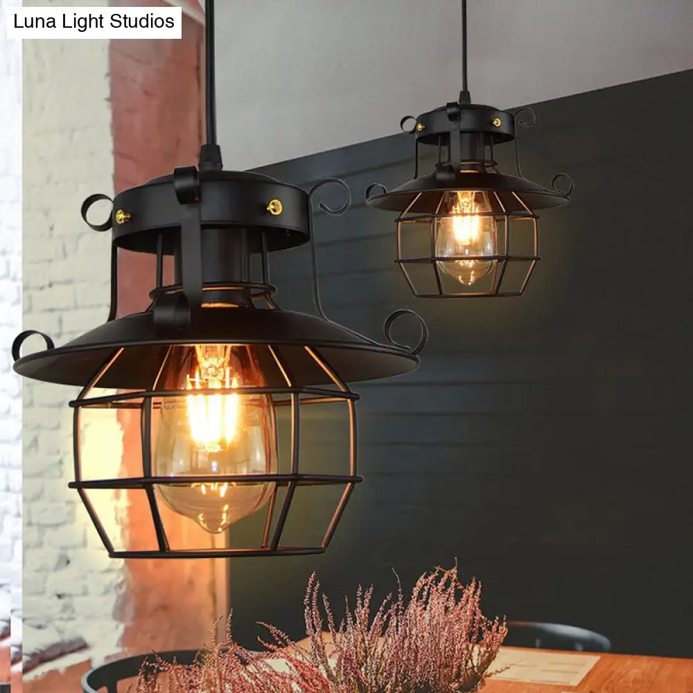 Vintage Industrial Satin Black Iron Pendant Lamp: 1-Light Dome Cage Shade Ideal For Restaurants