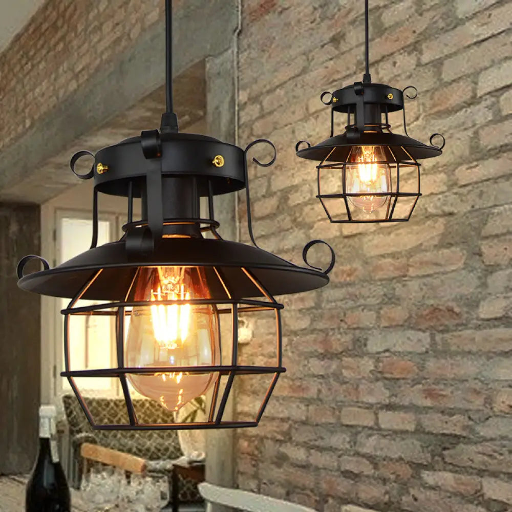 Vintage Industrial Satin Black Iron Pendant Lamp With Dome Cage Shade – Restaurant Ceiling Fixture