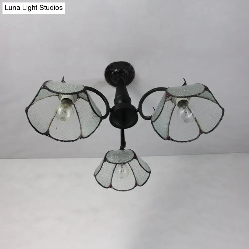 Vintage Industrial Stained Glass Semi Flush Mount Ceiling Light With 3 Rhombus/Magnolia Patterns In