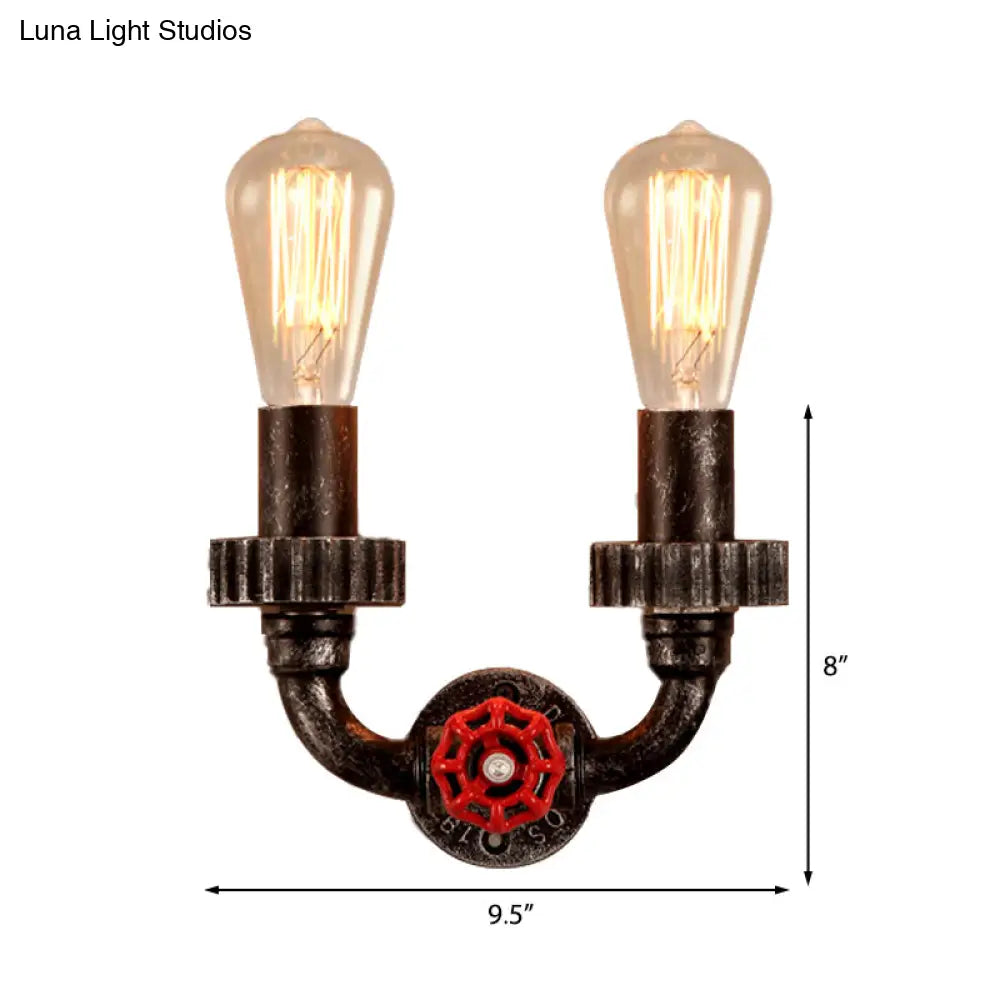 Vintage Industrial Wall Sconce Light - 2 Lights Iron Bulb Red Faucet Valve Dark Rust