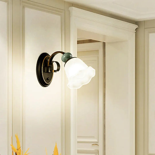 Vintage-Inspired Black Wall Mounted Light With Frosted Flower Glass - Retro Style Lighting Solution