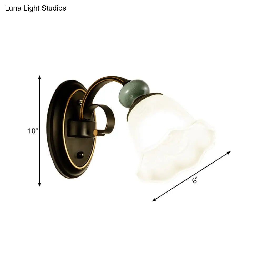 Vintage-Inspired Black Wall Mounted Light With Frosted Flower Glass - Retro Style Lighting Solution