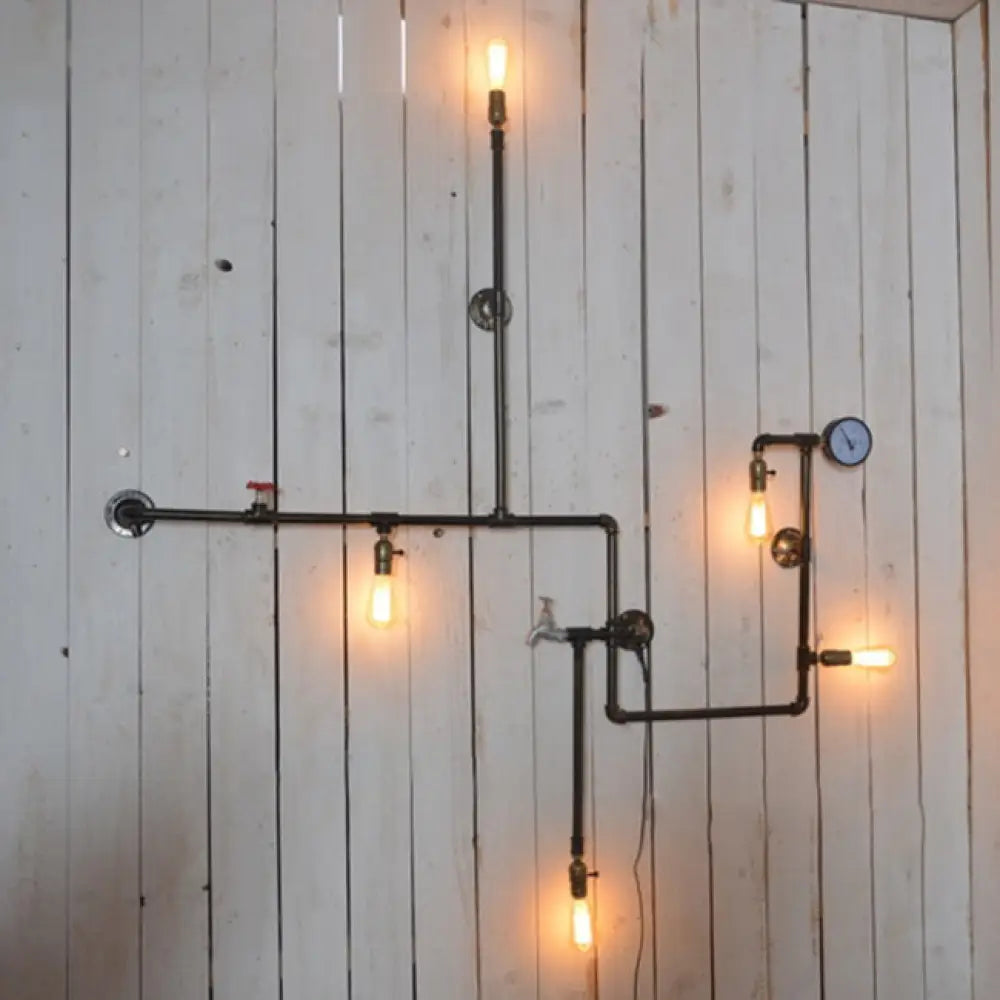 Vintage Iron 5-Light Restaurant Sconce: Plumbing Pipe Wall Mount With Bare Bulb Style - Black