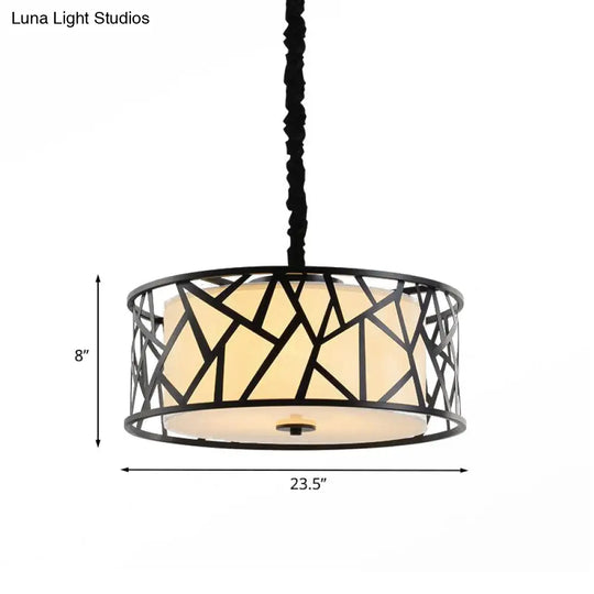 Vintage Iron Cage Drum Pendant Light With Fabric Shade - 5-Head Dining Room Ceiling Fixture In Black