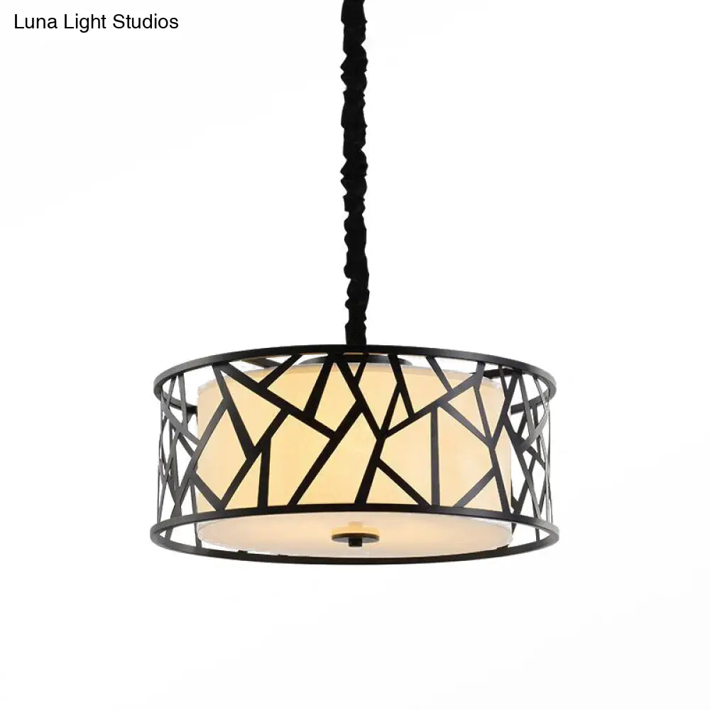 Vintage Iron Cage Drum Pendant Light With Fabric Shade - 5-Head Dining Room Ceiling Fixture In Black