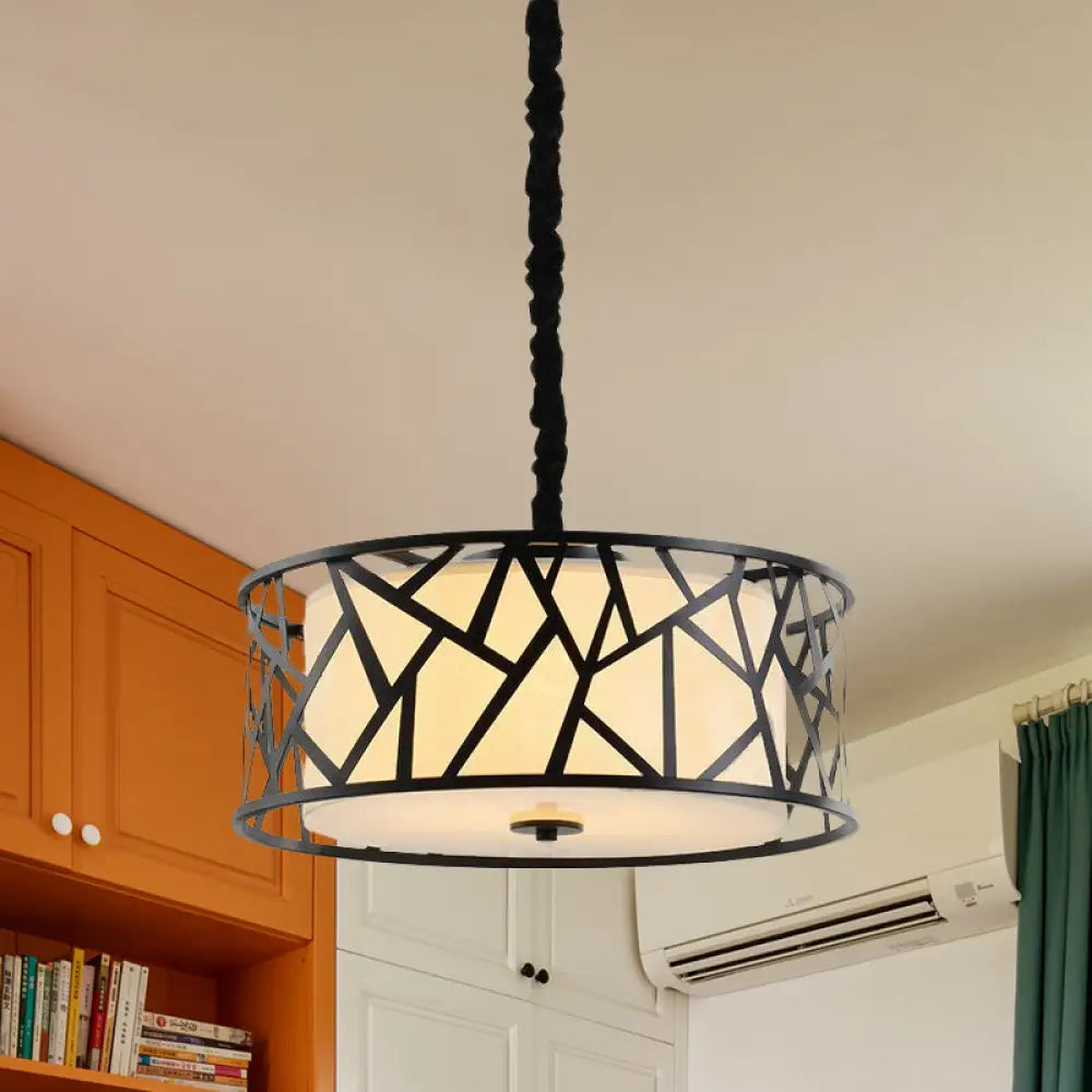 Vintage Iron Cage Drum Pendant Light With Fabric Shade - 5-Head Dining Room Ceiling Fixture In Black