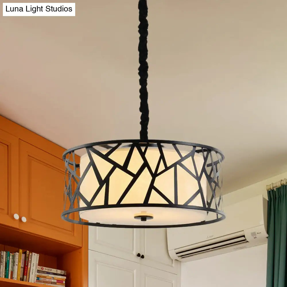 Vintage Iron Cage Drum Pendant Light With Fabric Shade - 5-Head Dining Room Ceiling Fixture In Black