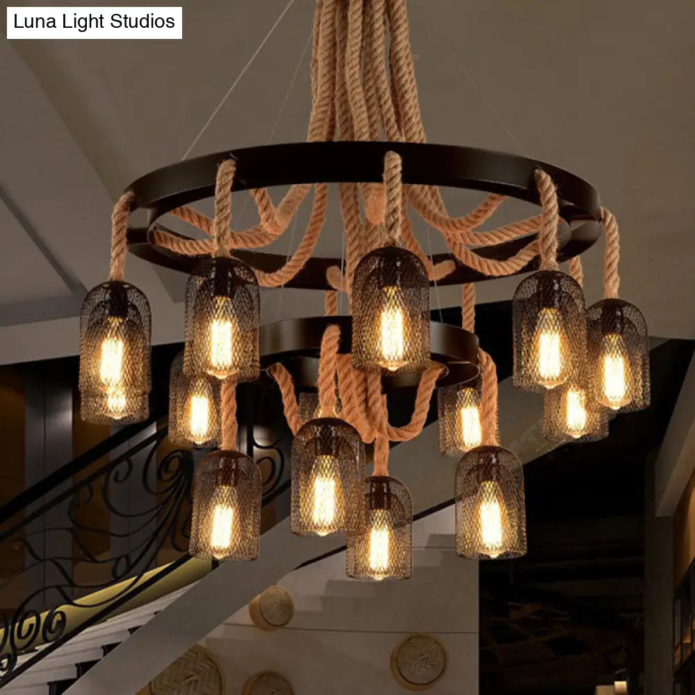 Vintage Iron Chandelier Pendant Light With Rope Detail For Restaurants - Black
