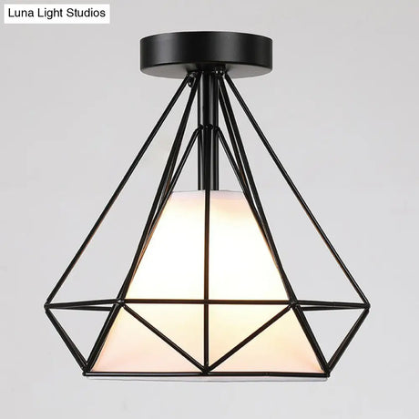 Vintage Iron Diamond Cage Ceiling Light - Black Flush Mount Fixture