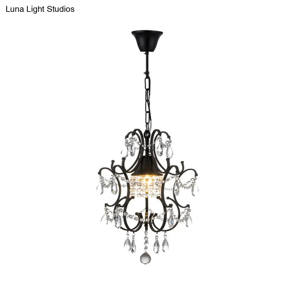 Vintage Iron Lantern Pendant Light With Crystal Accent - 1-Light Black Ceiling Fixture