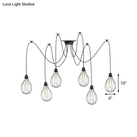 Vintage Iron Pear Cage Hanging Light: 2/3/6-Light Coffee House Swag Pendulum Lamp In Black