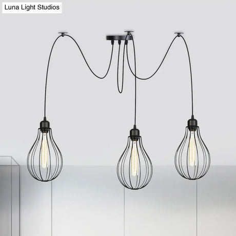 Vintage Iron Pear Cage Hanging Light: 2/3/6-Light Coffee House Swag Pendulum Lamp In Black