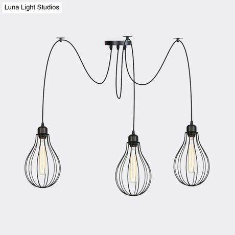 Vintage Iron Pear Cage Hanging Light: 2/3/6-Light Coffee House Swag Pendulum Lamp In Black