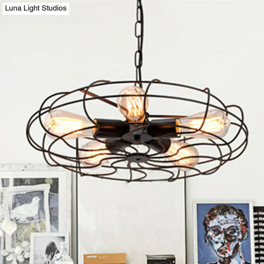 Vintage Fan Cage Chandelier Pendant Light - 5 Head Iron Hanging Lamp Black