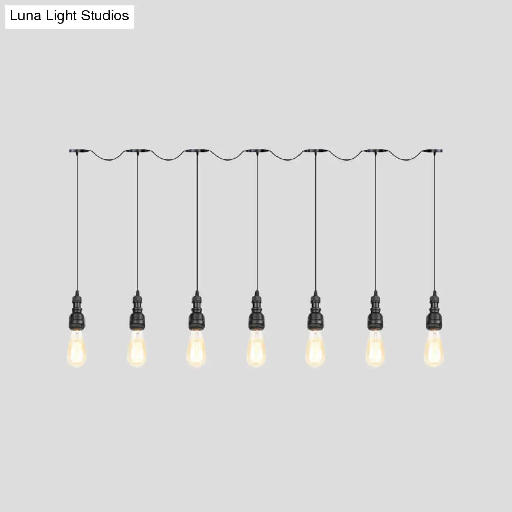 Vintage Iron Restaurant Pendant Lamp - Exposed Bulb Black Finish 5/7 Lights Tandem Multi-Hanging
