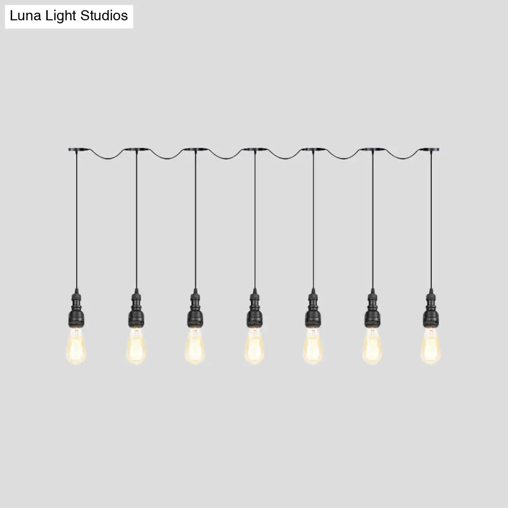 Vintage Iron Pendant Lamp With Exposed Bulbs - 5/7 Lights Black Finish Tandem Multi Hanging Fixture