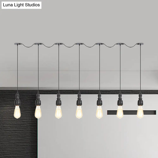 Vintage Iron Restaurant Pendant Lamp - Exposed Bulb Black Finish 5/7 Lights Tandem Multi-Hanging
