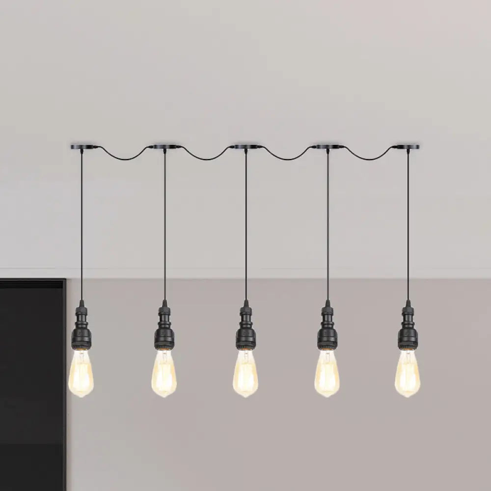 Vintage Iron Restaurant Pendant Lamp - Exposed Bulb Black Finish 5/7 Lights Tandem Multi-Hanging