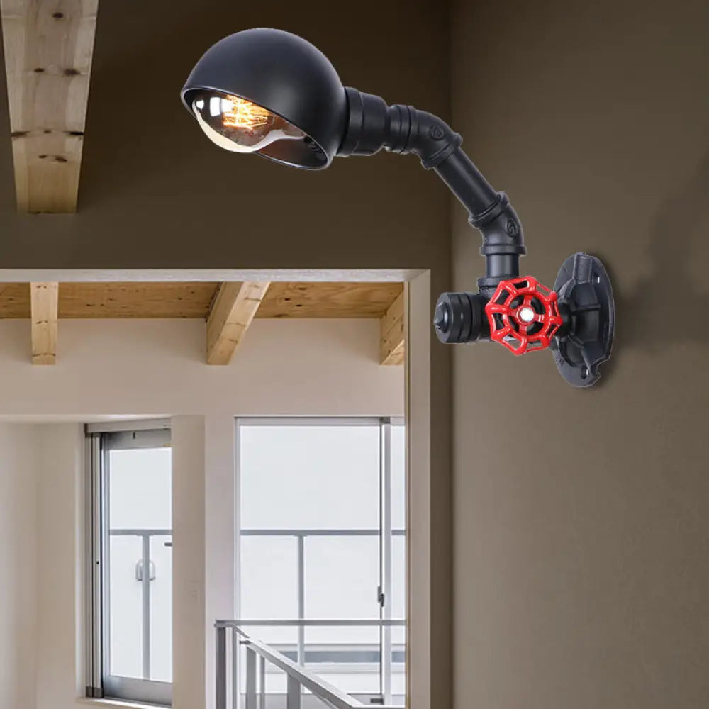 Vintage Iron Stairway Wall Light With Dome Shade And Red Valve - Black Water Pipe Lighting 1 Bulb