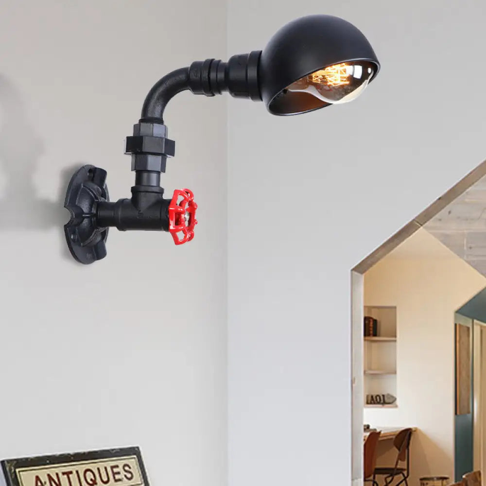 Vintage Iron Stairway Wall Light With Dome Shade And Red Valve - Black Water Pipe Lighting 1 Bulb